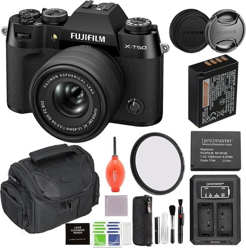 كاميرا Fujifilm X-T50 بدون مرآة مع عدسة 15-45 ملم (أسود) مع فلتر حماية 52 ملم وبطارية إضافية وشاحن وملحقات متقدمة | فوجي xt50 in Kuwait