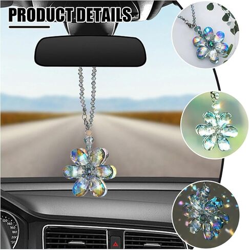 Crystal Flower Car Pendant, Car Rear View Mirror Charm Decor Hanging Ornament, Car Interior Accessories for Women (Pink Flower) in Saudi Arabia