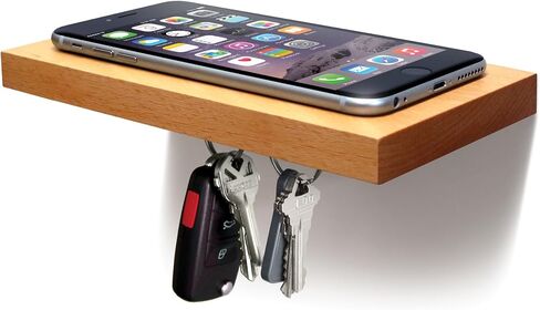 Plank Floating Cell Phone Wall Mounted Wood Shelf with Magnetic Keyhook - Natural Wood in Saudi Arabia