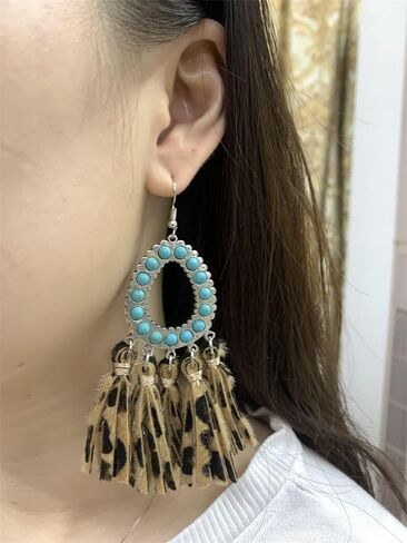 Vintage Tassel Leather Statement Drop Dangle Earrings for Women Girls Boho Hollow Teardrop Turquoise Colorful Ball Bead Handmade Lightweight Bohemian Jewelry Gifts Christmas Holiday (Leopard Print) in Saudi Arabia