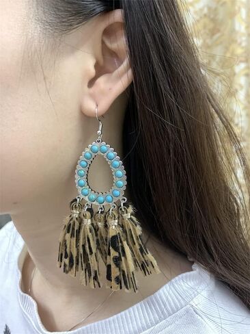 Vintage Tassel Leather Statement Drop Dangle Earrings for Women Girls Boho Hollow Teardrop Turquoise Colorful Ball Bead Handmade Lightweight Bohemian Jewelry Gifts Christmas Holiday (Leopard Print) in Saudi Arabia
