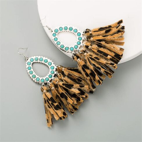 Vintage Tassel Leather Statement Drop Dangle Earrings for Women Girls Boho Hollow Teardrop Turquoise Colorful Ball Bead Handmade Lightweight Bohemian Jewelry Gifts Christmas Holiday (Leopard Print) in Saudi Arabia