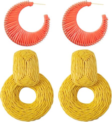 أقراط الرافية للنساء - 2.5 بوصة × 1.8 بوصة أقراط متعددة من الروطان أقراط بوهو أقراط الشاطئ أقراط هندسية من القش أقراط صيفية للفتيات أقراط متدلية in Kuwait