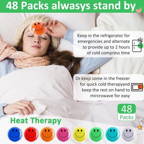 48 قطعة من عبوات الثلج سمايل بو بوو، عبوات صغيرة من الجل الساخن والبارد، عبوات ثلج دائرية قابلة لإعادة الاستخدام، عبوة ثلج متعددة الألوان، ضغط بارد لتخفيف آلام الأسنان، 4 × 4 بوصات in Kuwait