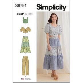 Simplicity Easy Misses' Crop Tops, Skirt and Pants Sewing Pattern Packet, Design Code S9791, Sizes 4-6-8-10-12, Multicolor