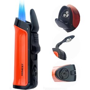 HONEST Triple Jet Torch Lighter Built-in Punch Visible Gas Window Refillable Gas Adjustable Flame Intensity Pocket Lighter Gift for Men BBQ Kitchen Fireplace Candle (Brown Wrap)