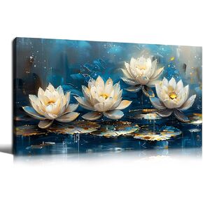 Large Canvas Wall Art for Living Room Bedroom Home Office Blue White Lotus Flower Picture Framed Canvas Prints Artwork Ready to Hang Size 24x48