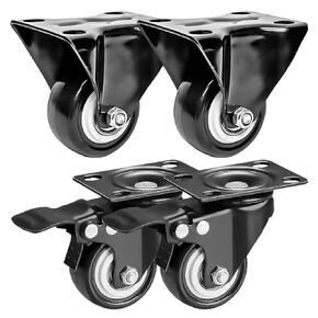 FactorDuty 4 Pack Combo 1.5 inch Caster Wheels 2 Rigid Non Swivel Fixed Stationery & 2 With Brake Swivel Plate All Black Polyurethane Wheels Non Marking No Noise 75lb Per Wheel