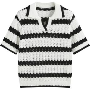 CIDER French Riviera Vacation Polo Striped Hollow Out Knitted Short Sleeve Top