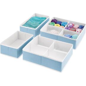 mDesign Soft Fabric Polka Dot Dresser Drawer and Closet Storage Organizer Bin for Child/Kids Room, Nursery, Playroom - Divided 5 Section Tray, Set of 4 - Light Blue/White