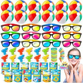 Pool Party Favors and Beach Party Favors, 72 PCS Kids Party Favors Goodie Bags Stuffers Beach Balls, Kids Sunglasses Bulk, Summer Toys, Kids Toys for 3 4 5 6 7 8+ Year Old Boys Girls