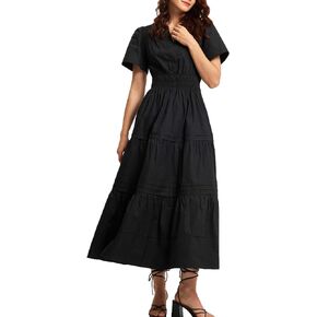Women's Basic Plain Black Summer Dress Casual Long Maxi Short Sleeve Layered Cotton V Neck A Line Fashion Travel