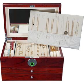 Jewelry Box Fingerprint Unlock, Large Wooden Jewel Organizer Storage Chest with 2 Drawers for Women Rings/Earrings/Necklaces/Bracelets/Watches