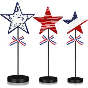 3 Pcs 4th of July Tiered Tray Decor Memorial Day Tall Standing Block Patriotic Wooden Tabletop Decorative Star Sign and Centerpieces for Independence Day Table Home Kitchen Decor (Star Style)