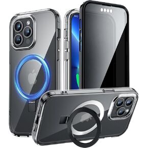 YXU Privacy Case for iPhone 15 Pro Max with Magnetic Invisible Stand [120° Foldable Durable Ring][Built-in Anti Peep Screen Protector] Full Body Slim Clear Back Phone Case Cover 6.7"，Clear