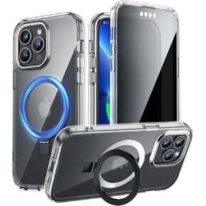 YXU Privacy Case for iPhone 15 Pro Max with Magnetic Invisible Stand [120° Foldable Durable Ring][Built-in Anti Peep Screen Protector] Full Body Slim Clear Back Phone Case Cover 6.7"，Clear