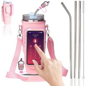 Water Bottle Carrier Bag with Touch Screen Pocket for Stanley 40oz Tumbler with Adjustable Shoulder Strap, Water Bottle holder bag for Phone Card Keys Hiking Stanley Cup Accessories (Black)