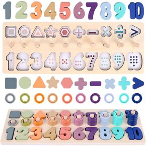 AMOR PRESENT Wooden Number Puzzle for Toddler, Montessori Toys for Kids Shape Sorting Stacking Counting Game Preschool Learning Toys for Boys Girls Birthday Gifts
