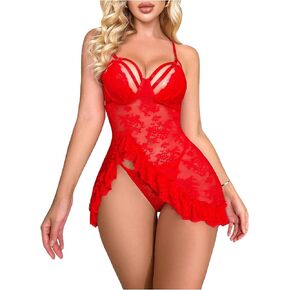 OYOANGLE Women's 2 Piece Lingerie Set Lace Hollow Out Ruffle Split Hem Lingerie Babydoll with Thongs