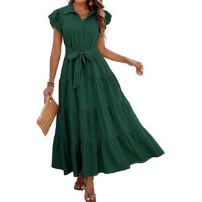dowerme Women's Summer Casual Dresses 2024 Cap Ruffle Sleeve V Neck Button Belted Tiered Boho Maxi Dress with Pockets