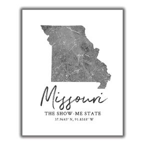 Missouri State Map Wall Art Print - 8x10 Silhouette Decor Print with Coordinates. Makes a Great Show-Me State-Themed Gift. Shades of Black, White & Grey.