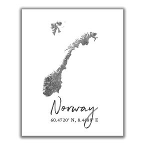 Norway Map Wall Art Print - 8x10 Silhouette Decor Print with Coordinates. Makes a Great Norwegian-Themed Gift. Shades of Grey, Black & White.