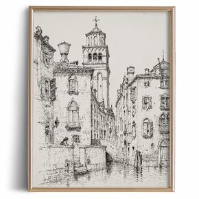 Building Town Drawing Rustic Gray Picture - City Architecture River Etching Print Poster - Vintage Farmhouse Wall Art - Grey Neutral Sketch - Minimalist Mid Century French Country Line Room Decor
