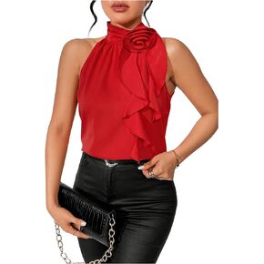 Women's Summer Halter Tops Floral Appliques Sleeveless Work Shirts Blouses for Women Dressy Casual