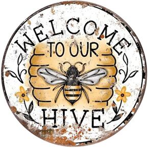 WZVZGZ Vintage Style Round Tin Sign Welcome Bee Hive Sign,Metal Honey Bee Decor,Bee Decorations,Everyday Bee Sign,Kitchen Decor,Summer Sign Retro Metal Round Tin Signs 12x12 Inch