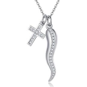 Cornicello Necklace 925 Sterling Silver Italian Horn Necklace Cross Pendant Good Luck Protection Amulet Jewelry Gift for Women