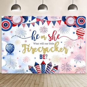 MEHOFOND 7x5ft 4th of July Gender Reveal Backdrop Independence Day He or She What Will Our Little Firecracker Be Baby Shower Photography Background Red White and Due Cake Smash Decor Photo Studio Prop