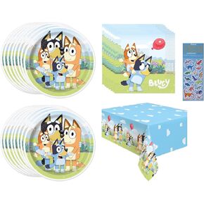 Bluey Birthday Party Supplies Bundle Pack includes 16 Lunch Paper Plates, 16 Lunch Napkins, 1 Table Cover, 1 Dinosaur Sticker Sheet - Bundle for 16