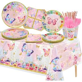 166 PCS Butterfly Birthday Party Supplies - Butterfly Plates, Napkins, Cups, Tablecloth, Knives, Fork, Spoon, and Straws for Girls Baby Shower, Fairy Themed Party Decorations, Serves 20 Guests