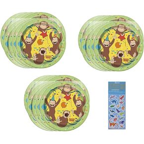 Unique Curious George Party Supplies Bundle Pack for 24 includes 24 Dessert Cake Plates and 1 Dinosaur Sticker Sheet