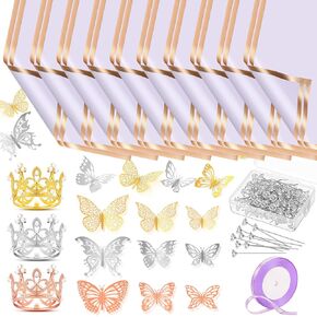 Misdary 20 Sheets Flower Wrapping Paper Waterproof Floral Bouquet Wrapping Paper Gold Edge Gift Wrapping Paper with Crown Butterfly Diamond Pins Decor Ribbon for Valentine‘s Day DIY Craft(Black)