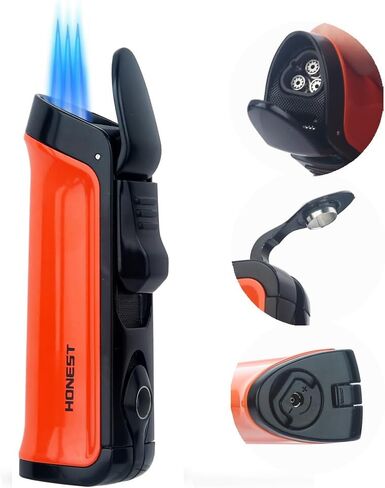 HONEST Triple Jet Torch Lighter Built-in Punch Visible Gas Window Refillable Gas Adjustable Flame Intensity Pocket Lighter Gift for Men BBQ Kitchen Fireplace Candle (Brown Wrap) in Saudi Arabia