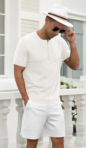 تي شيرت رجالي من NITAGUT Henley مصنوع من نسيج كاجوال سادة وأكمام قصيرة مع زر in Saudi Arabia