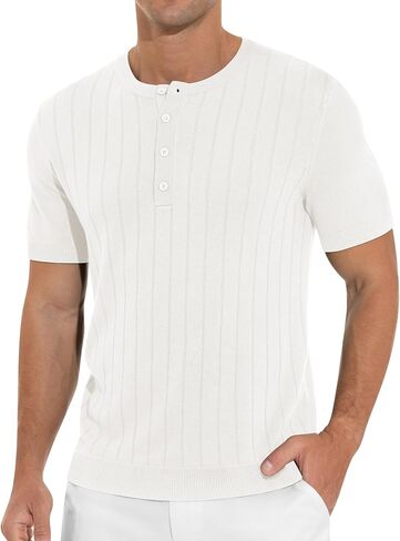 تي شيرت رجالي من NITAGUT Henley مصنوع من نسيج كاجوال سادة وأكمام قصيرة مع زر in Saudi Arabia