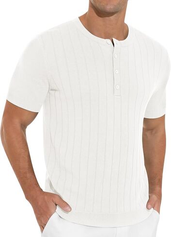 تي شيرت رجالي من NITAGUT Henley مصنوع من نسيج كاجوال سادة وأكمام قصيرة مع زر in Saudi Arabia