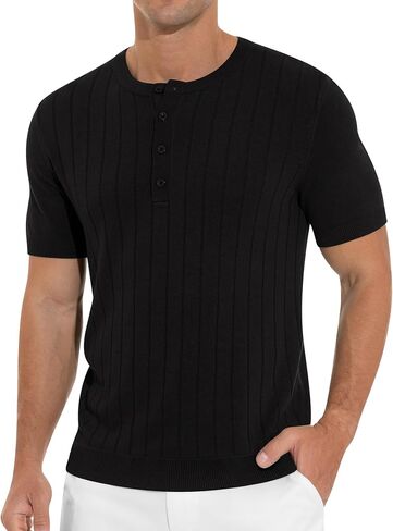 تي شيرت رجالي من NITAGUT Henley مصنوع من نسيج كاجوال سادة وأكمام قصيرة مع زر in Saudi Arabia