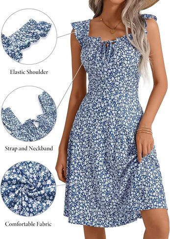 HUHOT Summer Sun Dresses for Women 2024 Adjustable Square Neck Sleeveless Midi Floral Graduation Beach Casaul Sundresses in Kuwait