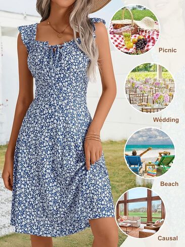 HUHOT Summer Sun Dresses for Women 2024 Adjustable Square Neck Sleeveless Midi Floral Graduation Beach Casaul Sundresses in Kuwait