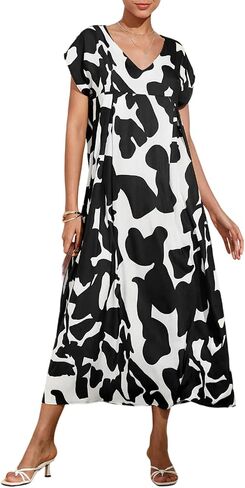 Women's Basic Plain Black Summer Dress Casual Long Maxi Short Sleeve Layered Cotton V Neck A Line Fashion Travel in Saudi Arabia