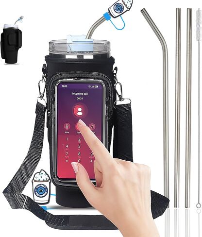 Water Bottle Carrier Bag with Touch Screen Pocket for Stanley 40oz Tumbler with Adjustable Shoulder Strap, Water Bottle holder bag for Phone Card Keys Hiking Stanley Cup Accessories (Black) in Saudi Arabia