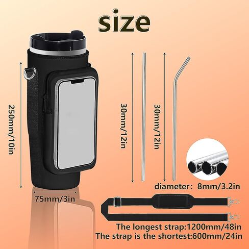 Water Bottle Carrier Bag with Touch Screen Pocket for Stanley 40oz Tumbler with Adjustable Shoulder Strap, Water Bottle holder bag for Phone Card Keys Hiking Stanley Cup Accessories (Black) in Saudi Arabia