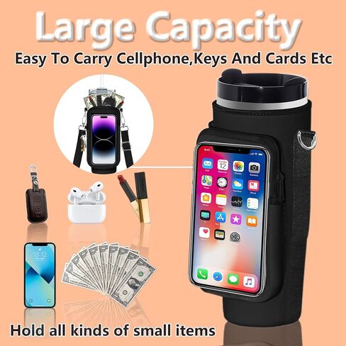 Water Bottle Carrier Bag with Touch Screen Pocket for Stanley 40oz Tumbler with Adjustable Shoulder Strap, Water Bottle holder bag for Phone Card Keys Hiking Stanley Cup Accessories (Black) in Saudi Arabia