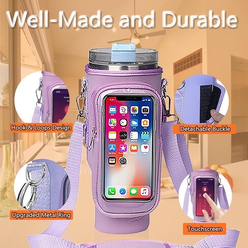 Water Bottle Carrier Bag with Touch Screen Pocket for Stanley 40oz Tumbler with Adjustable Shoulder Strap, Water Bottle holder bag for Phone Card Keys Hiking Stanley Cup Accessories (Black) in Saudi Arabia