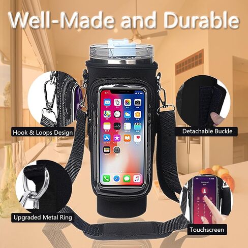 Water Bottle Carrier Bag with Touch Screen Pocket for Stanley 40oz Tumbler with Adjustable Shoulder Strap, Water Bottle holder bag for Phone Card Keys Hiking Stanley Cup Accessories (Black) in Saudi Arabia