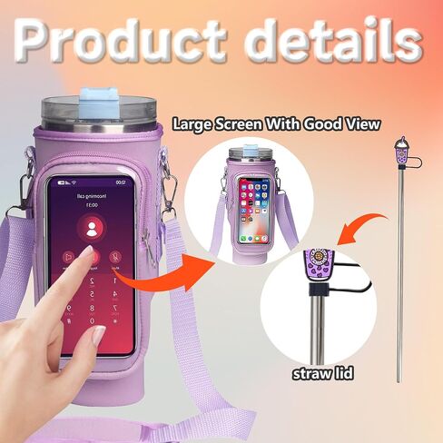 Water Bottle Carrier Bag with Touch Screen Pocket for Stanley 40oz Tumbler with Adjustable Shoulder Strap, Water Bottle holder bag for Phone Card Keys Hiking Stanley Cup Accessories (Black) in Saudi Arabia