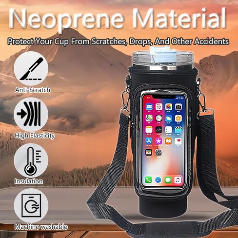 Water Bottle Carrier Bag with Touch Screen Pocket for Stanley 40oz Tumbler with Adjustable Shoulder Strap, Water Bottle holder bag for Phone Card Keys Hiking Stanley Cup Accessories (Black) in Saudi Arabia